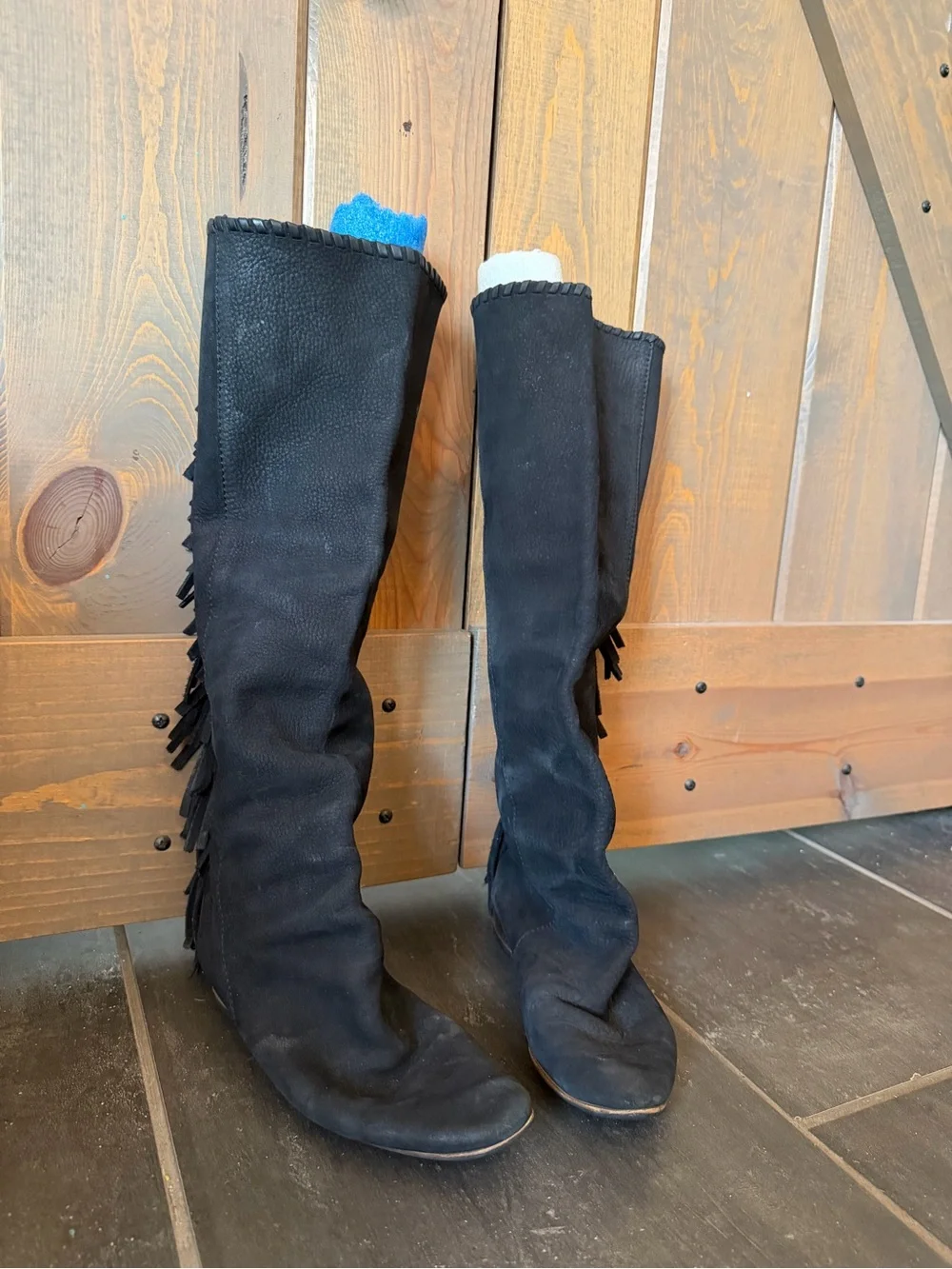 American Vintage Black Over-the-Knee Fringe Leather Boots
